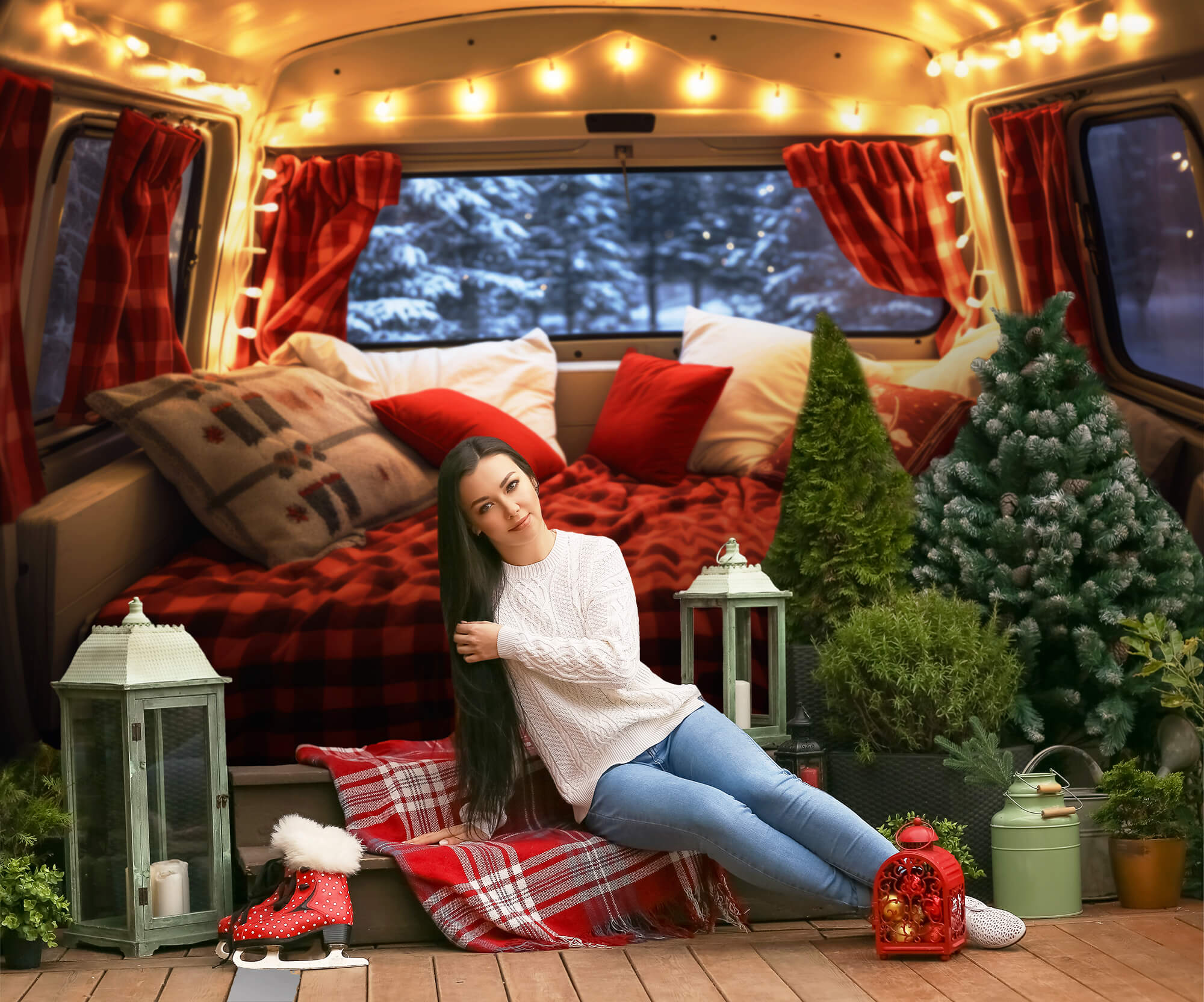 Christmas Decorated Red Camper Van Backdrop UK M11-58