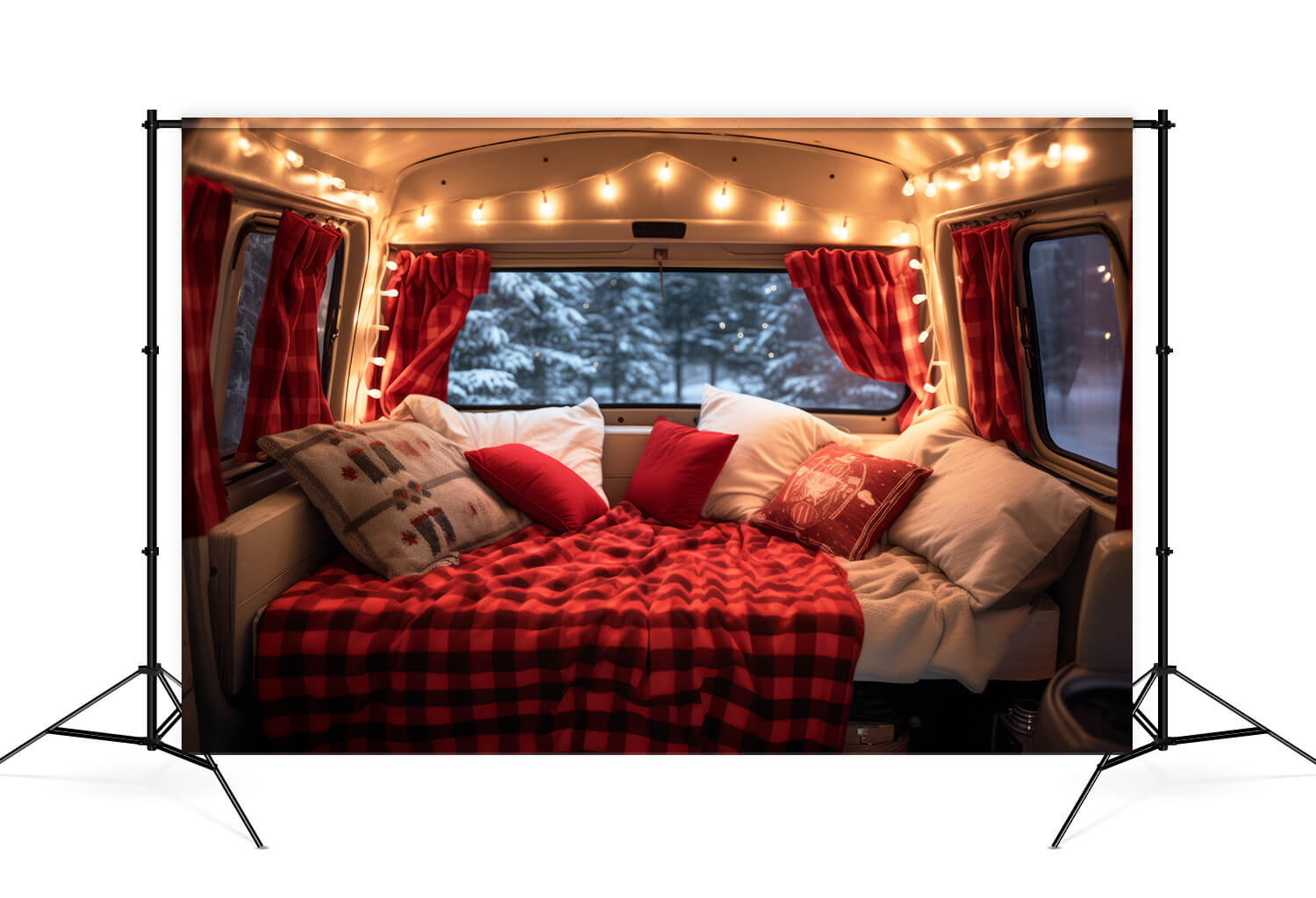 Christmas Decorated Red Camper Van Backdrop UK M11-58