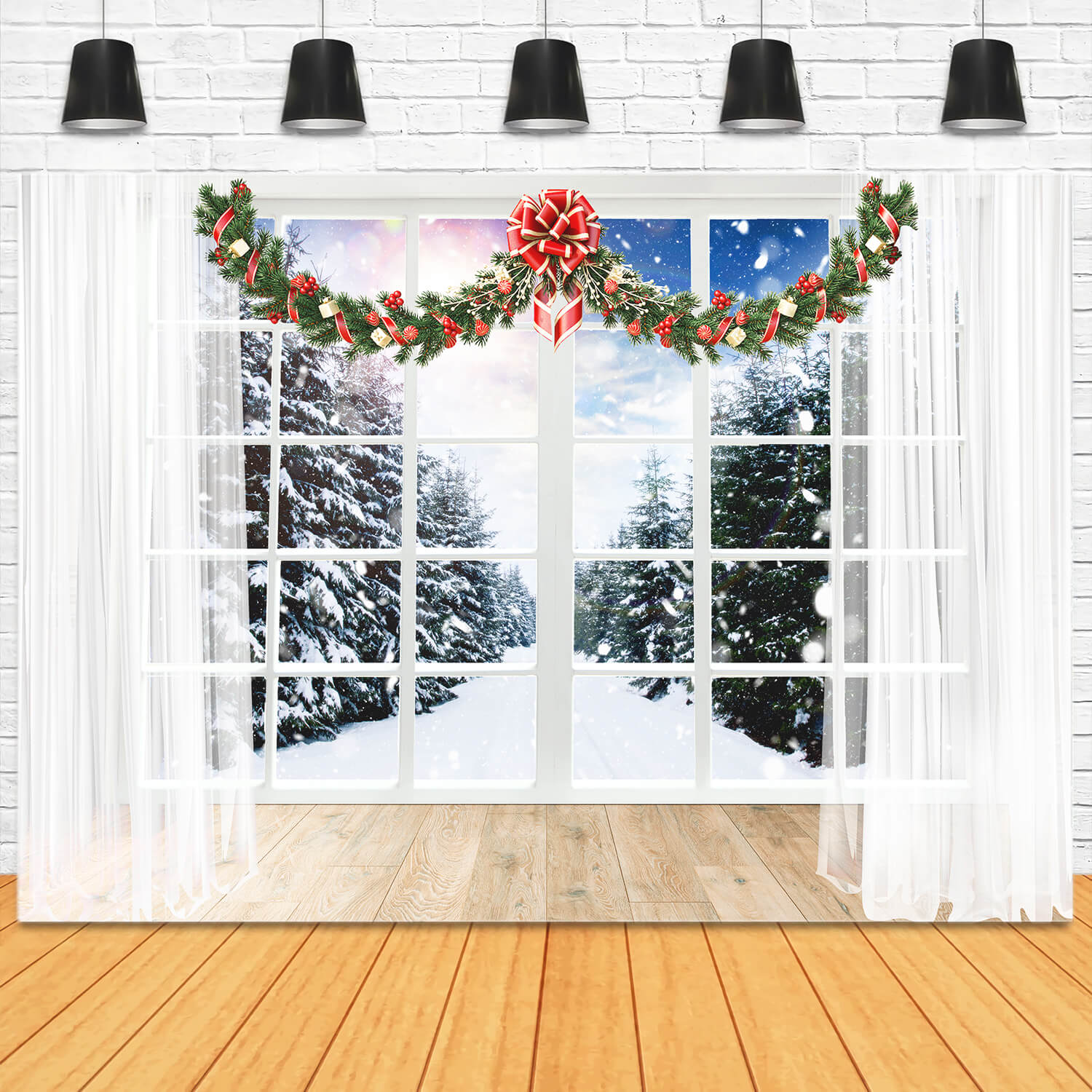 Christmas Window Snow Forest View Backdrop UK M11-66