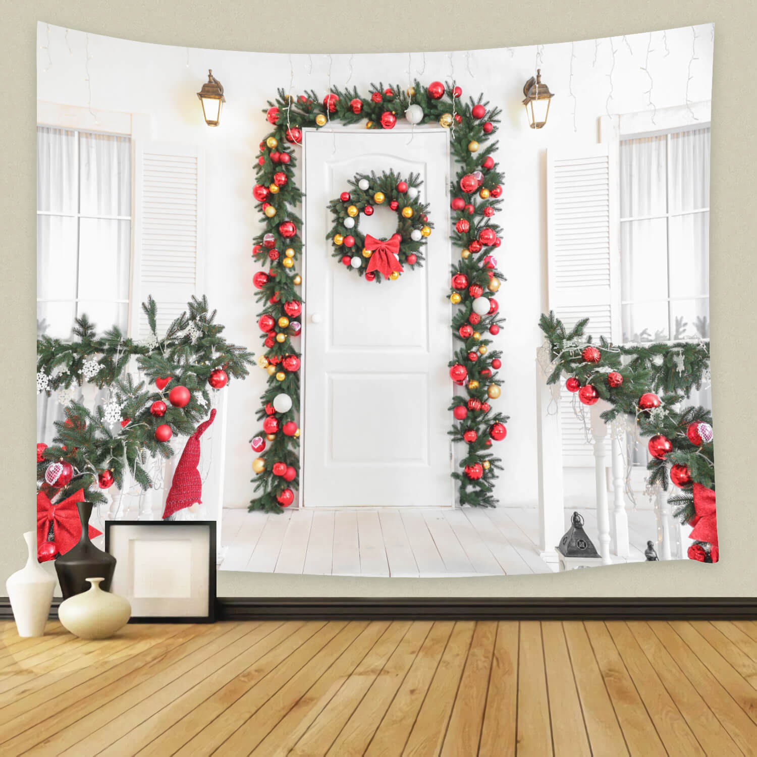 Christmas Wreaths Decorated Front Door Backdrop UK M11-68