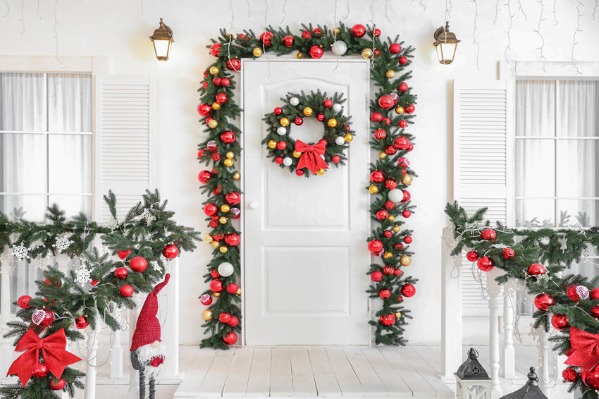 Christmas Wreaths Decorated Front Door Backdrop UK M11-68