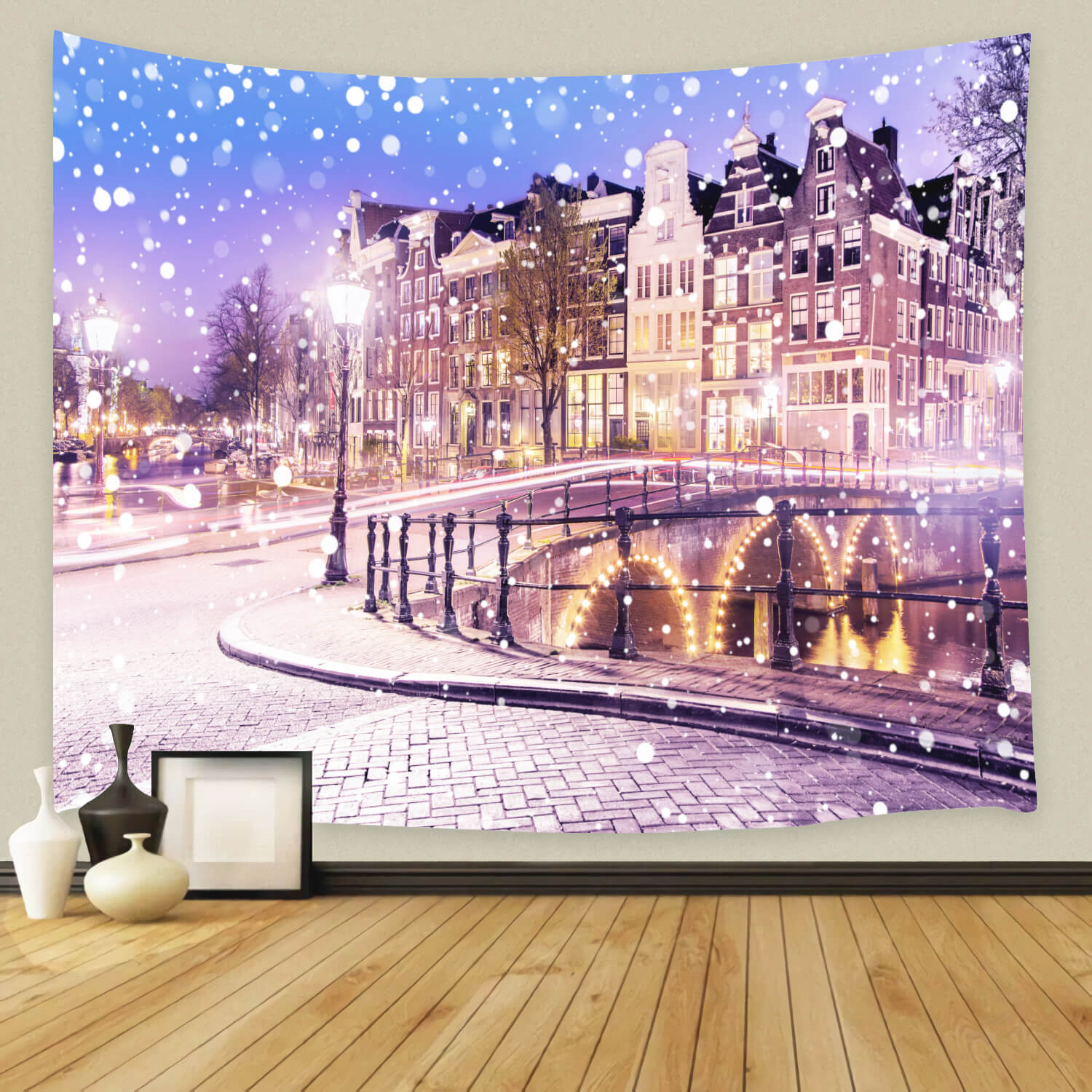 Snowy Winter City Night View Backdrop UK M11-69