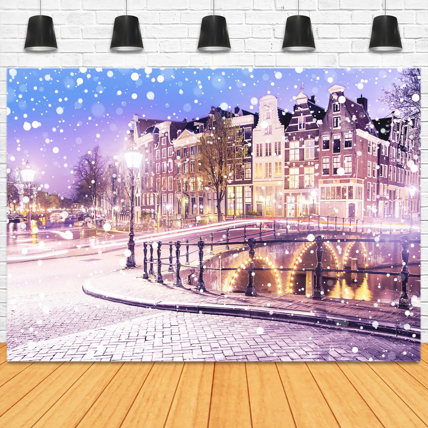 Snowy Winter City Night View Backdrop UK M11-69