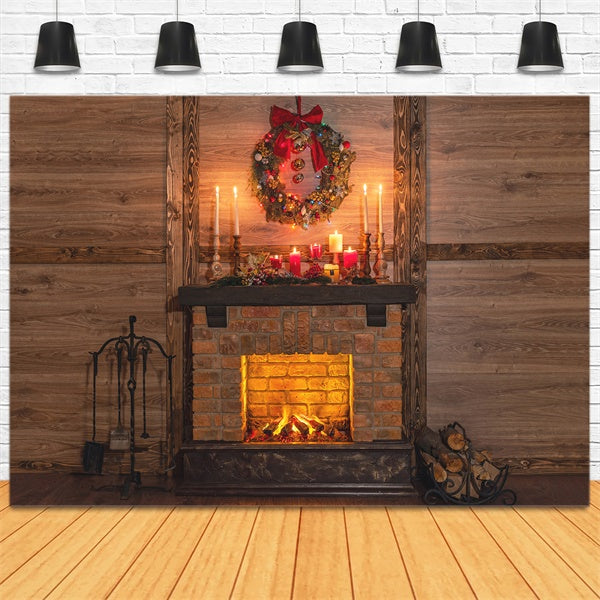 Christmas Fireplace Warm Candlelight Fir Garland Backdrop M11-76