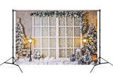 Snowy Christmas Tree Warm Star Street Lights Glass Window Backdrop M11-80