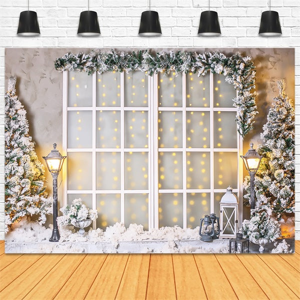 Snowy Christmas Tree Warm Star Street Lights Glass Window Backdrop M11-80