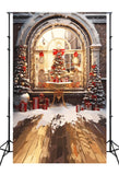 Christmas Tree Warm French window Street Scene Snowy Wooden Floor Backdrop M12-03