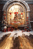 Christmas Tree Warm French window Street Scene Snowy Wooden Floor Backdrop M12-03