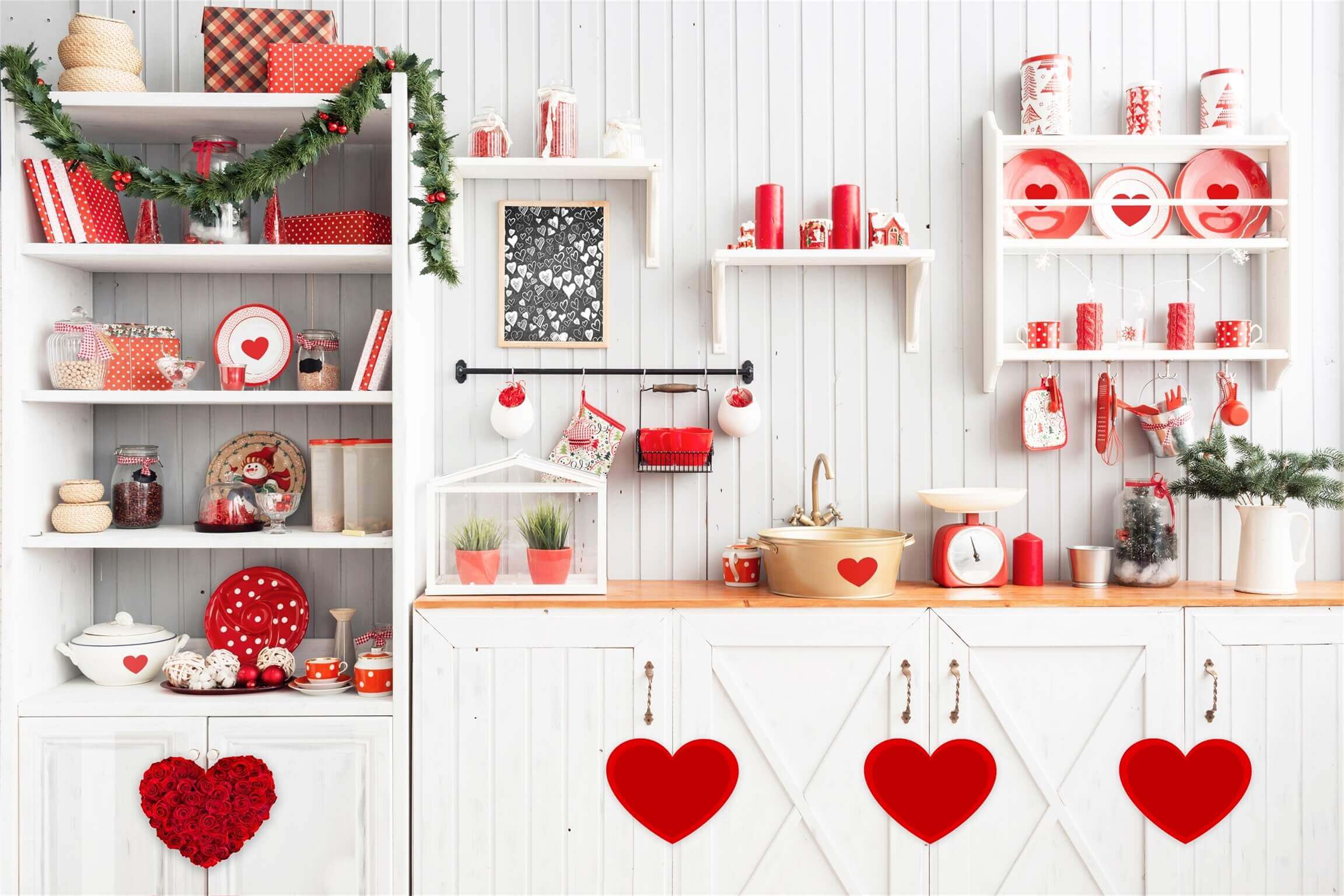 Valentine's Day Kitchen Red Heart Decorations with Flower Backdrop M12-14