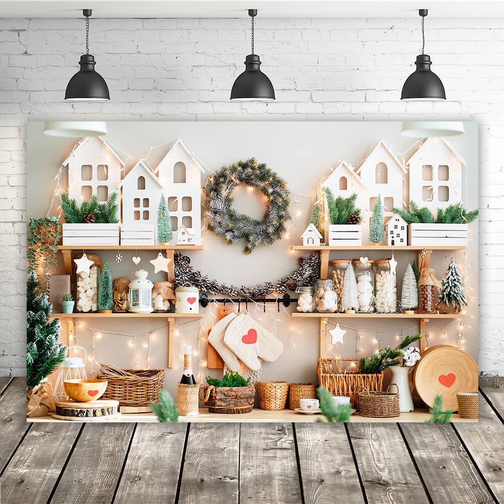 Christmas Kitchen Led Lights Fir Tree Decoration Heart Photography Backdrop M12-22