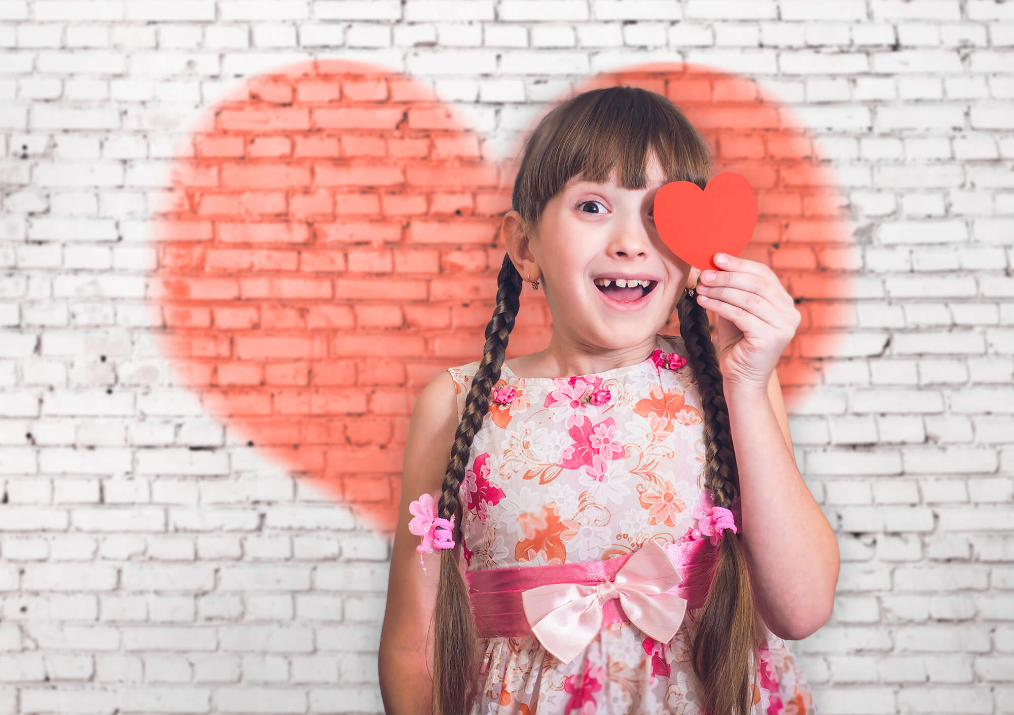 Valentine's Day Light Red Huge Heart White Brick Wall Backdrop M12-23