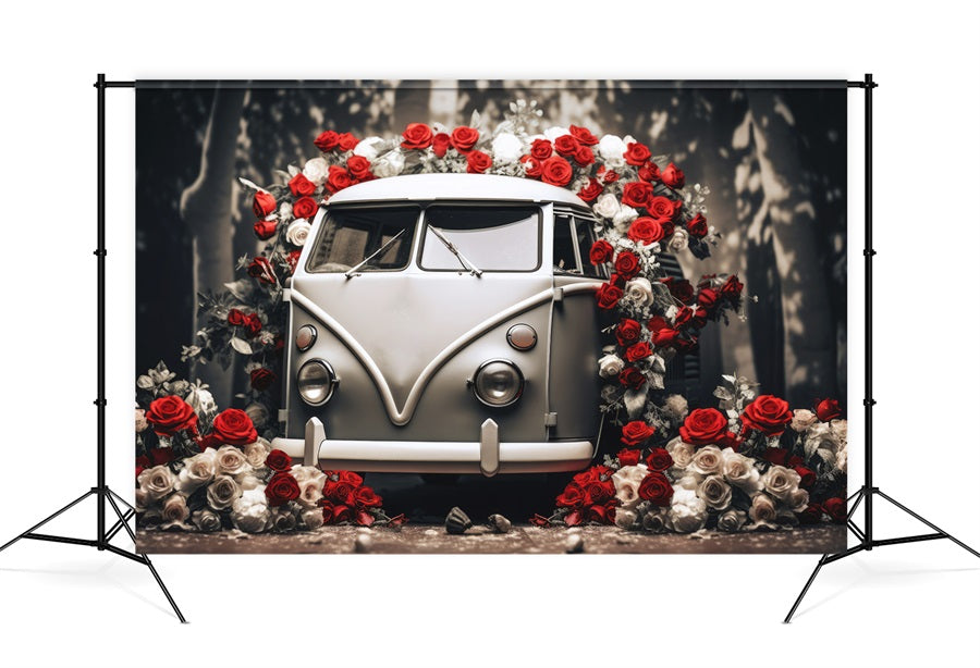 Valentine's Day Vintage Car Red And White Roses Romantic Backdrop M12-34