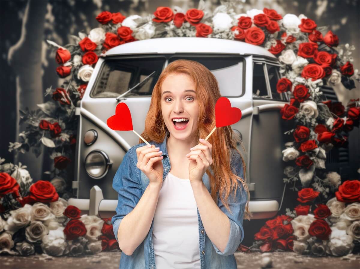 Valentine's Day Vintage Car Red And White Roses Romantic Backdrop M12-34