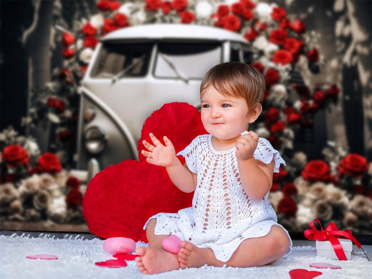 Valentine's Day Vintage Car Red And White Roses Romantic Backdrop M12-34