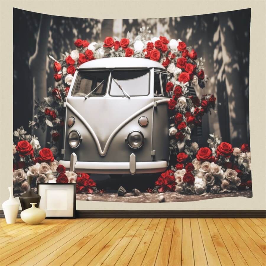 Valentine's Day Vintage Car Red And White Roses Romantic Backdrop M12-34