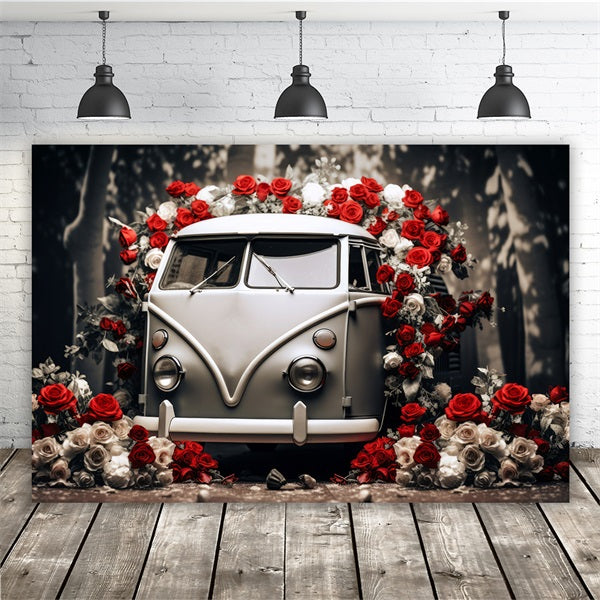 Valentine's Day Vintage Car Red And White Roses Romantic Backdrop M12-34