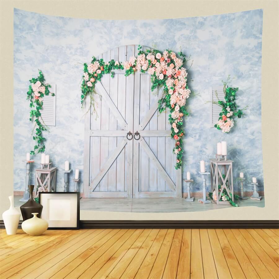 Valentine's Day Romantic Blue Wooden Door Candle Holder Rose Vine Backdrop M12-39