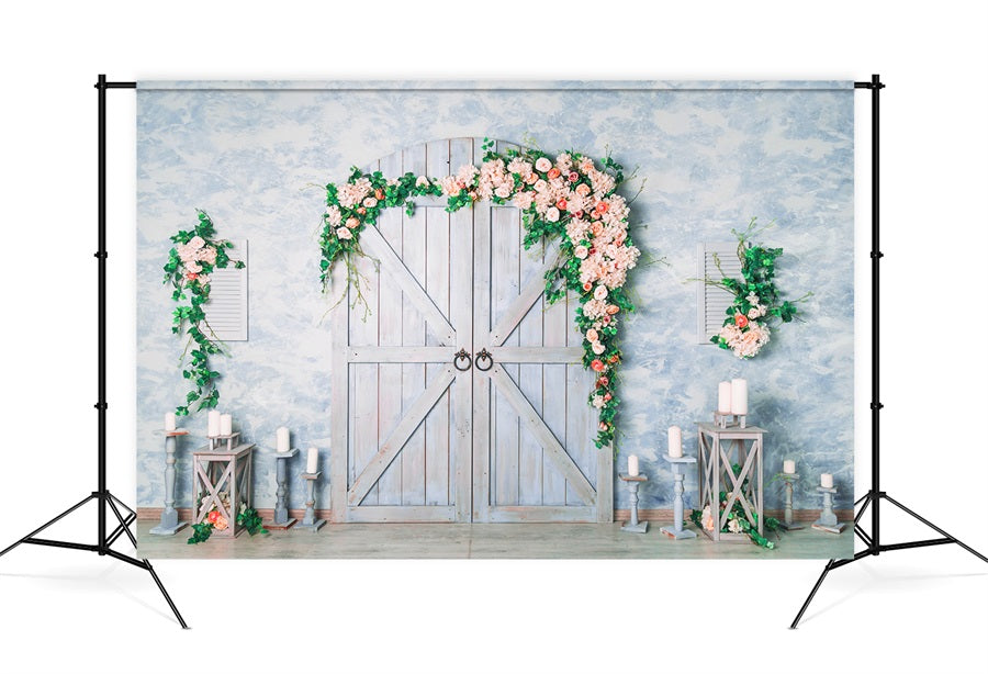 Valentine's Day Romantic Blue Wooden Door Candle Holder Rose Vine Backdrop M12-39