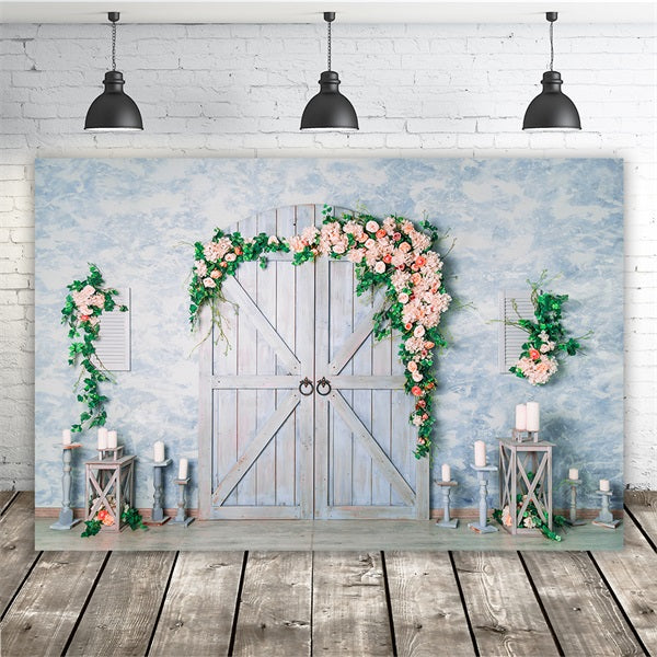 Valentine's Day Romantic Blue Wooden Door Candle Holder Rose Vine Backdrop M12-39