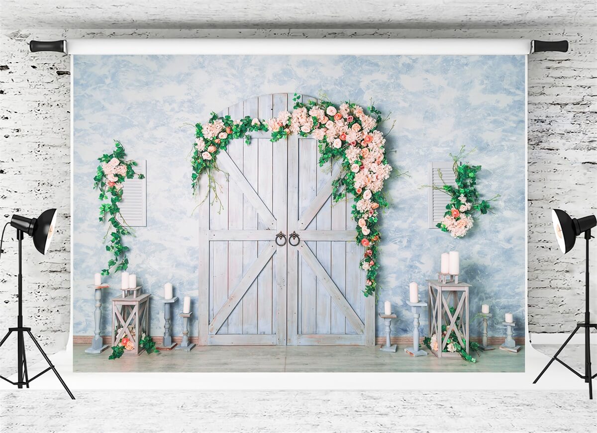 Valentine's Day Romantic Blue Wooden Door Candle Holder Rose Vine Backdrop M12-39