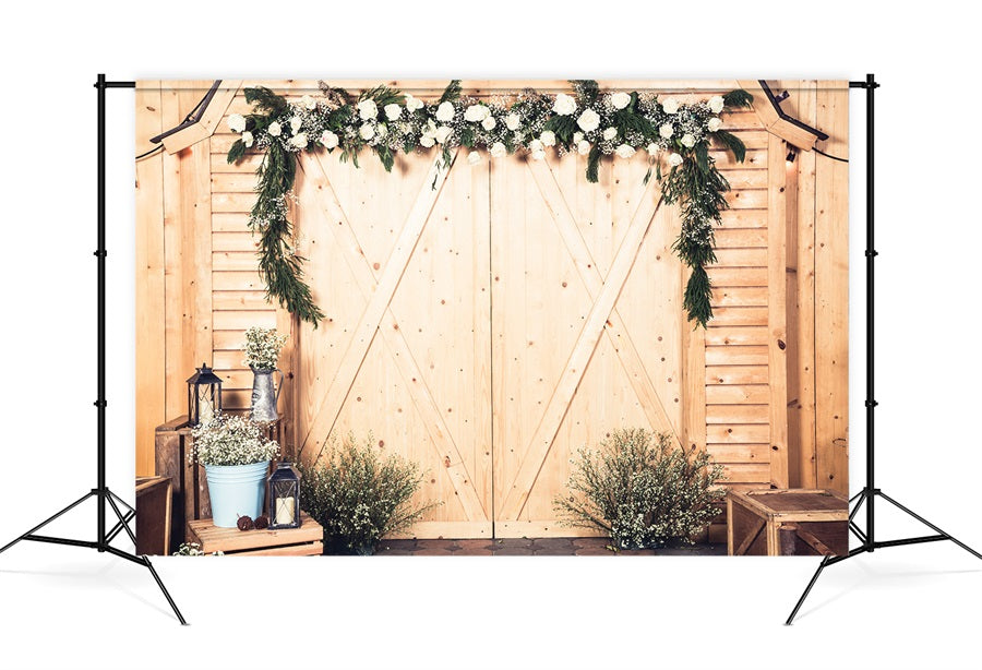 Valentine's Day Log Barn Door White Roses And Starry Night Decoration Backdrop M12-40