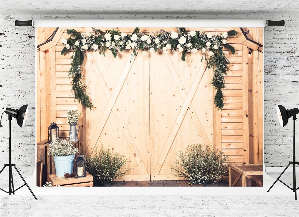 Valentine's Day Log Barn Door White Roses And Starry Night Decoration Backdrop M12-40