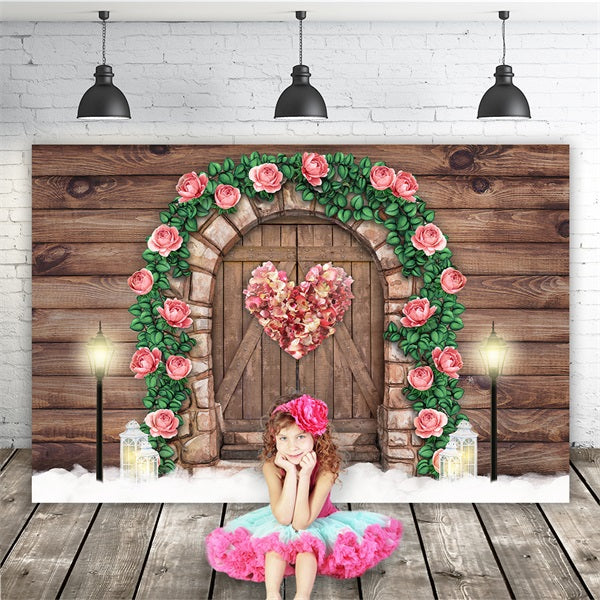 Valentine's Day Dark Wood Barn Door Pink Rose Heart Warm Streetlight Backdrop M12-41