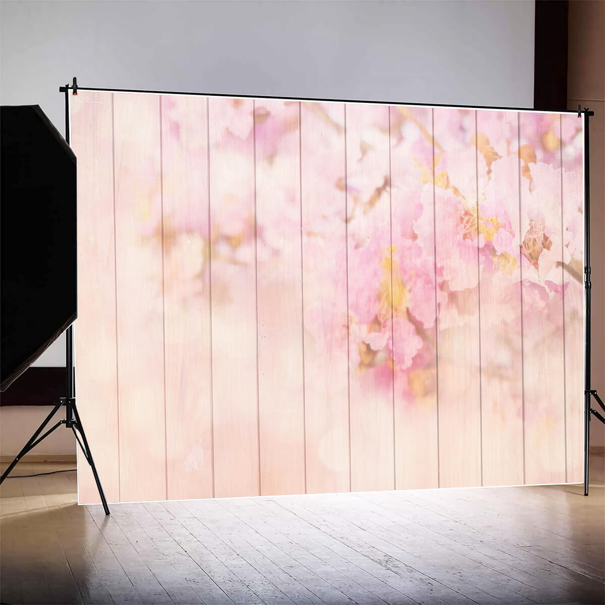 Light Pink Floral Scattered Scene Wooden Floor Backdrop M12-44