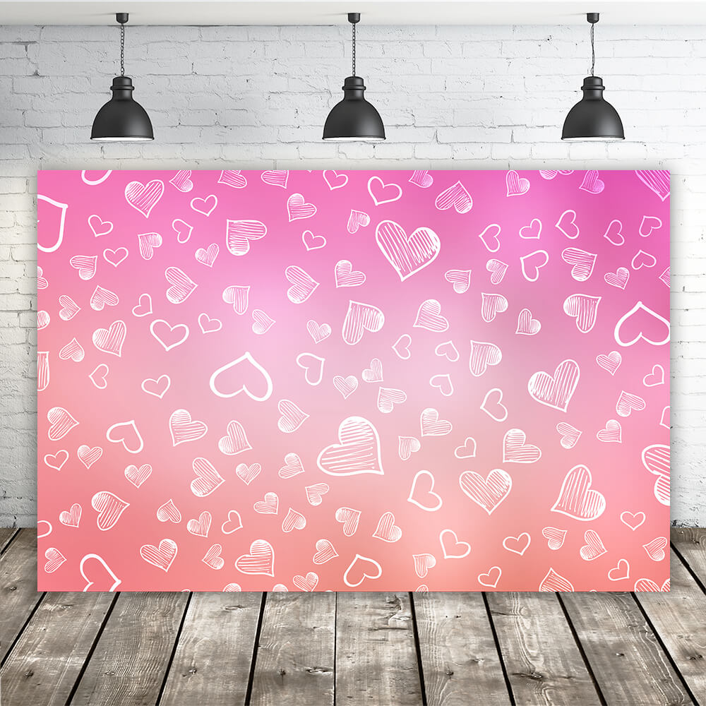 Valentine's Day Gradient Pink White Chalk Doodle Small Heart Backdrop M12-47