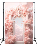 Dreamy Pink Flowers Wrapped Paradise Gate Clouds Flying Birds Backdrop M2-14
