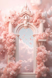 Dreamy Pink Flowers Wrapped Paradise Gate Clouds Flying Birds Backdrop M2-14