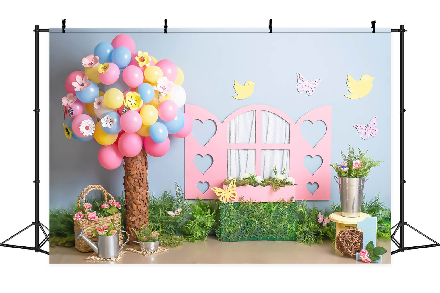 1st Birthday Colorful Balloon Tree Blue Wall Pink Window Bird Butterfly Backdrop M2-23