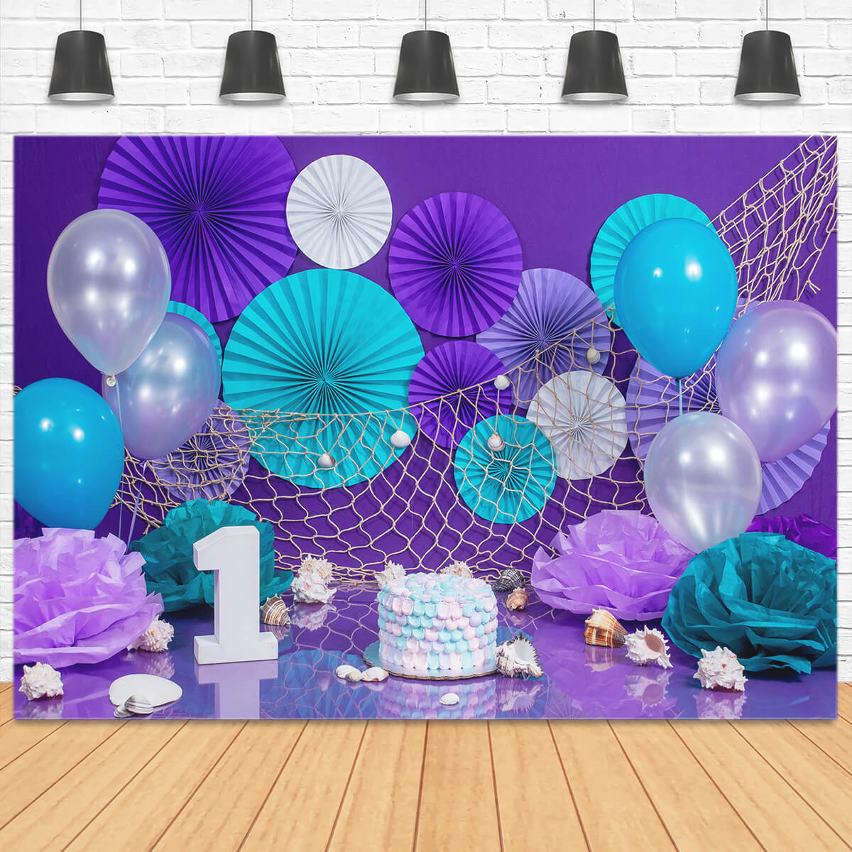 1st Birthday Mermaid Cake Shells Fishing Nets Balloon Paper Sculpture Backdrop M2-30