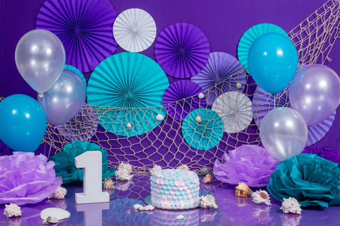1st Birthday Mermaid Cake Shells Fishing Nets Balloon Paper Sculpture Backdrop M2-30