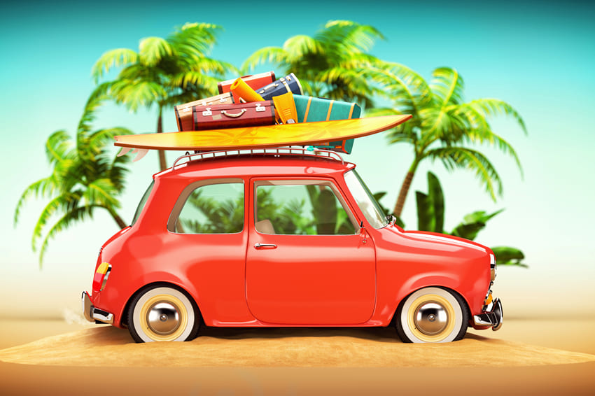 Beach Funny Car with Surfboard Suitcases Backdrop UK M5-119