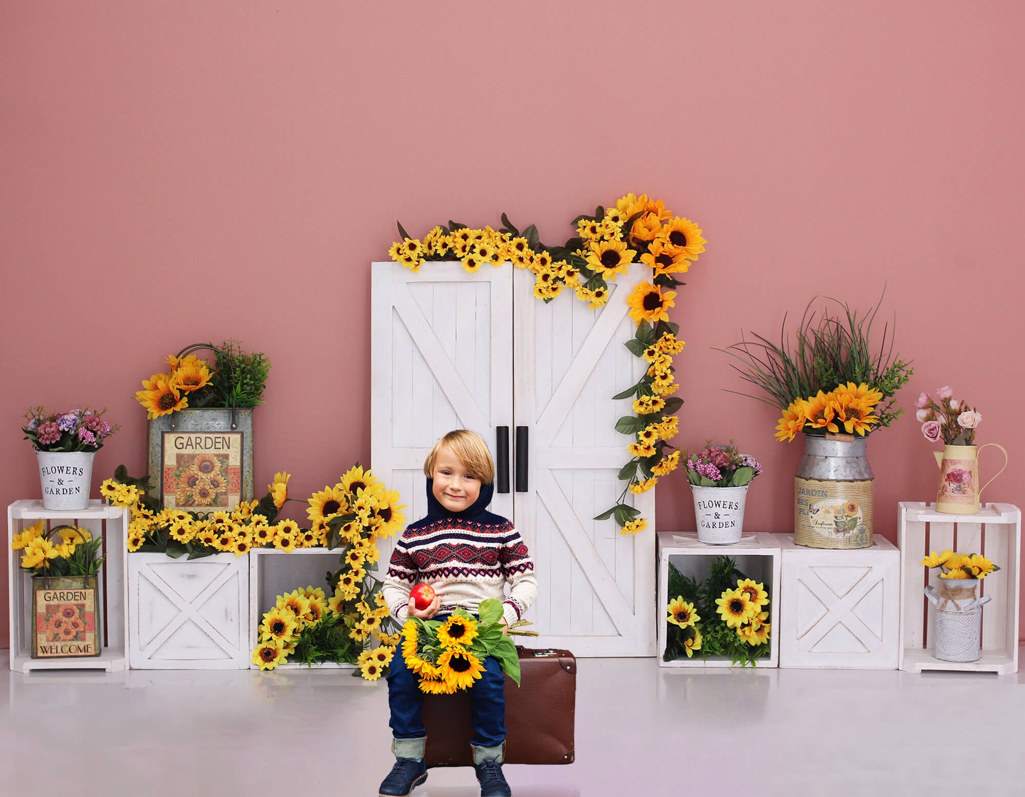 Sunflower Garden Barn Door Photography Backdrop UK M5-137