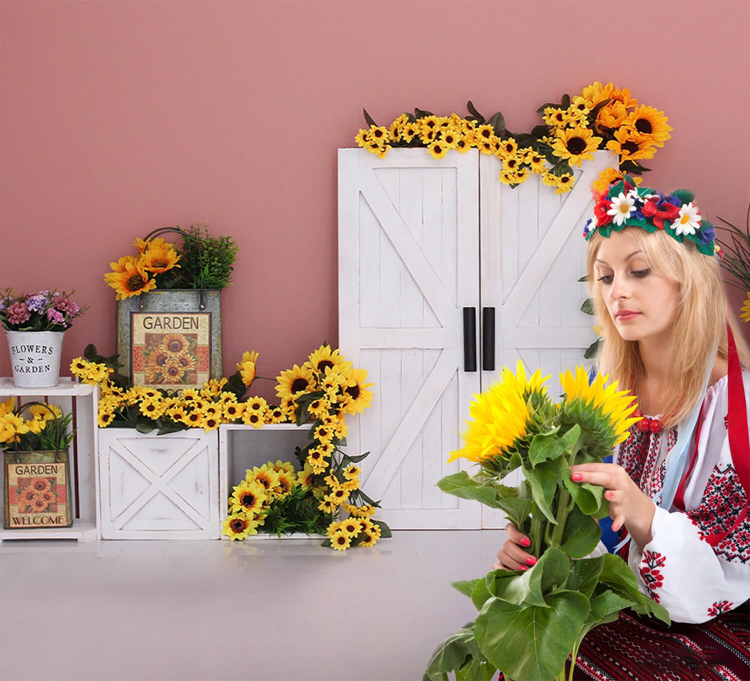 Sunflower Garden Barn Door Photography Backdrop UK M5-137