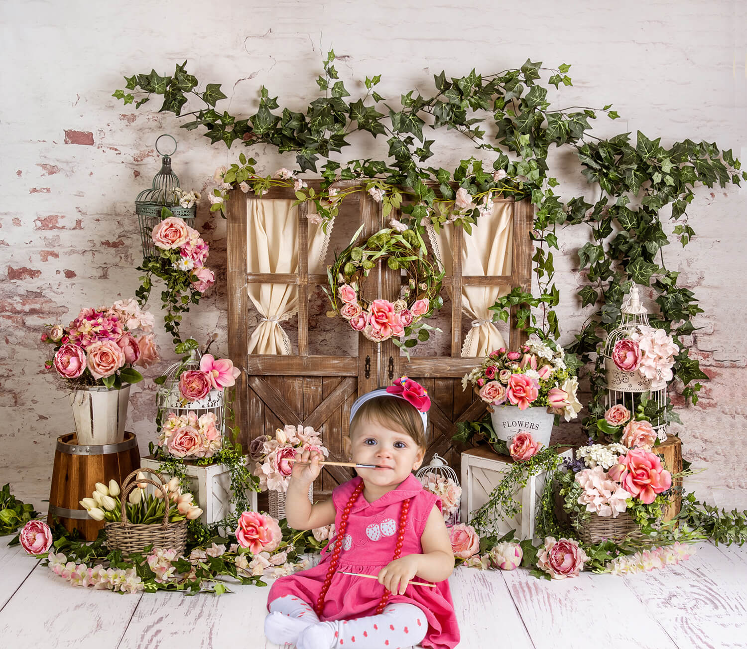 Pink Flowers Green Leaves Spring Backdrop UK M5-144