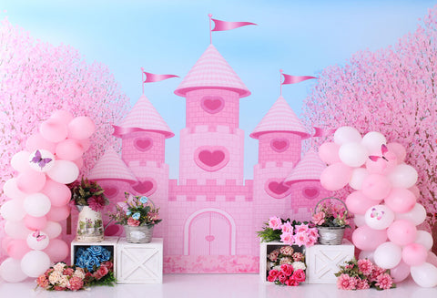 Pink Castle Flowers Photography Backdrop UK M5-26