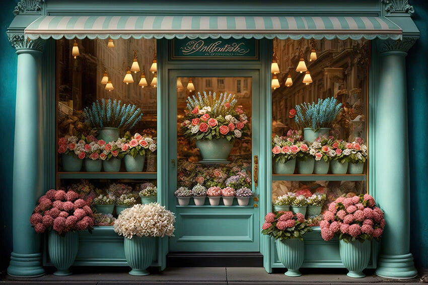 Flower Shop Green Window Door Backdrop UK M5-40