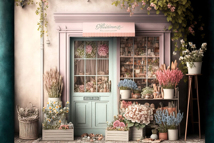 Pink Flower Shop Window Door Backdrop UK M5-41