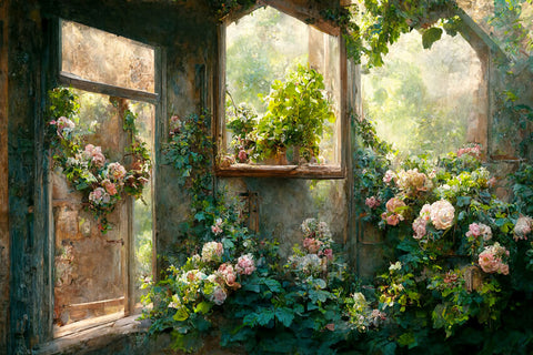Oil Painting Garden Door Window Backdrop UK M5-43