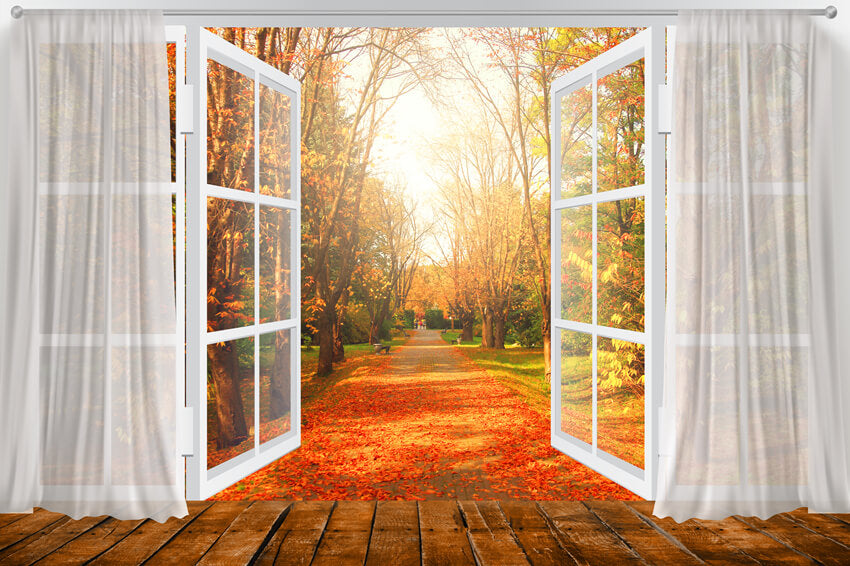 Autumn Window View Maple Leaves Backdrop UK M6-101