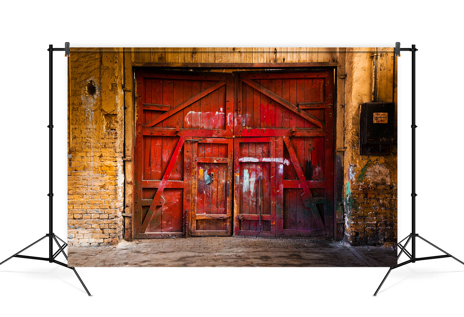 Vintage Red Barn Door Brick Wall Backdrop UK M6-116