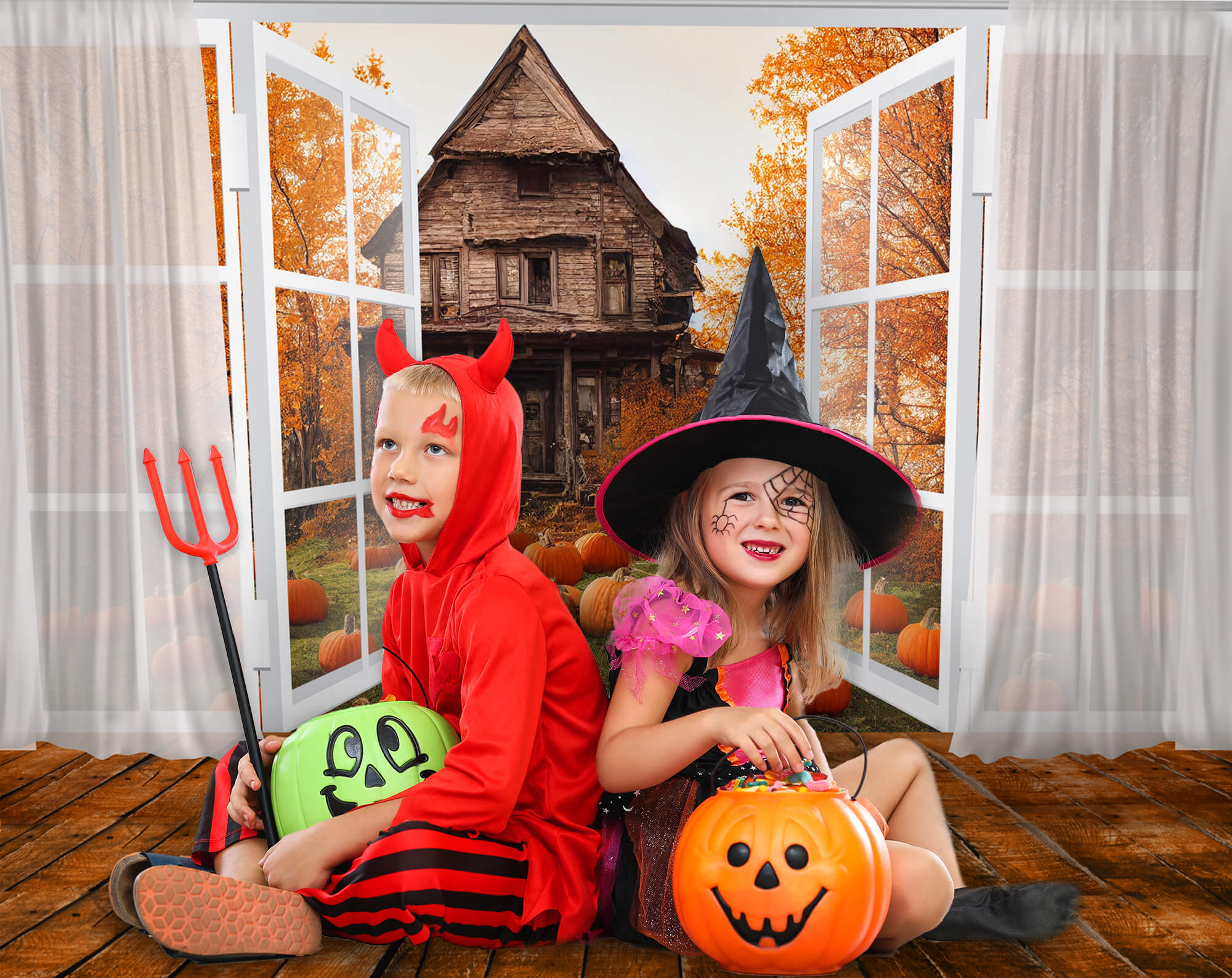 Autumn Window View Pumpkin Old House Backdrop UK M6-132