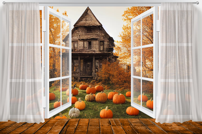 Autumn Window View Pumpkin Old House Backdrop UK M6-132