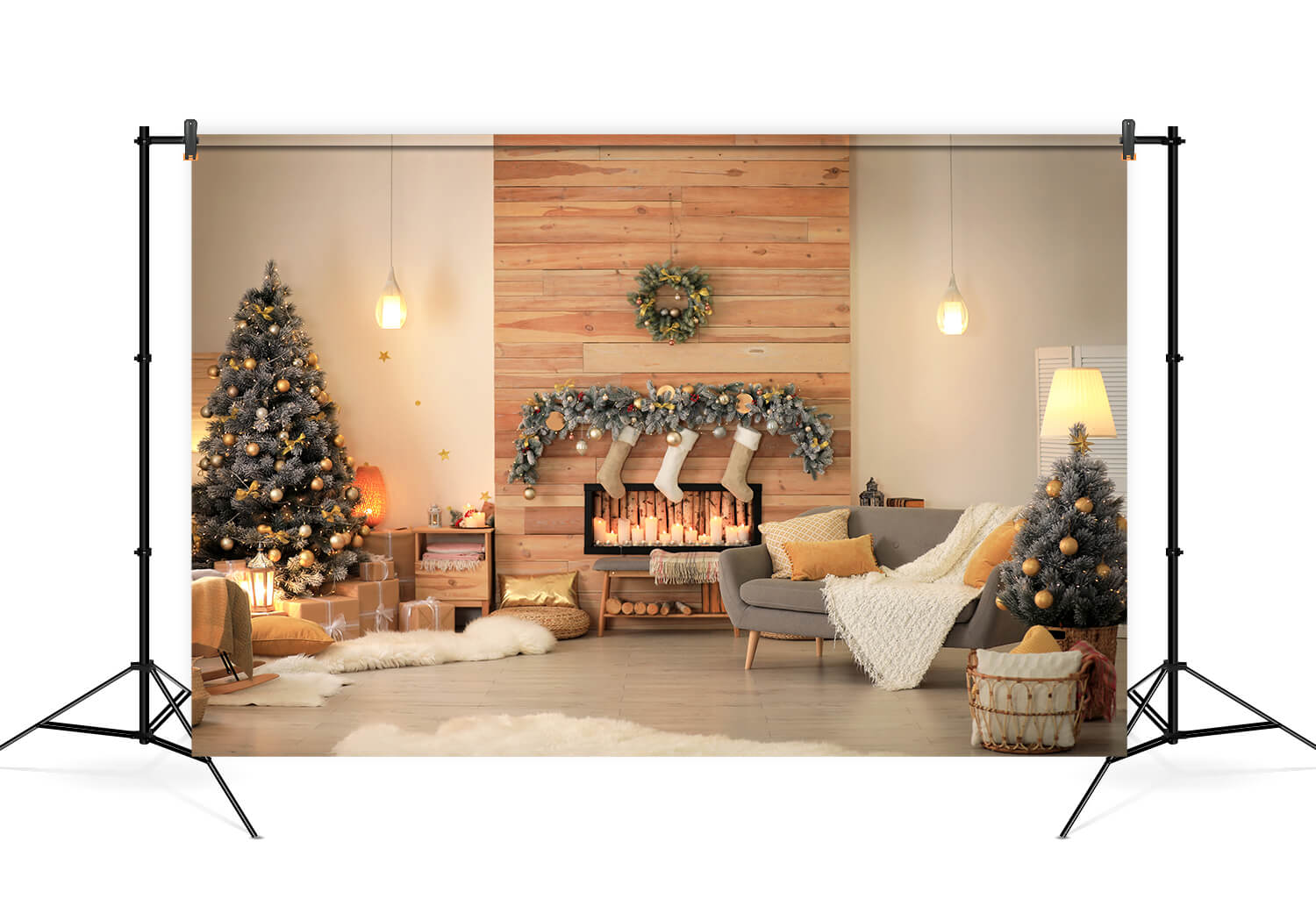 Christmas Tree Fireplace Room Interior Backdrop UK M6-140