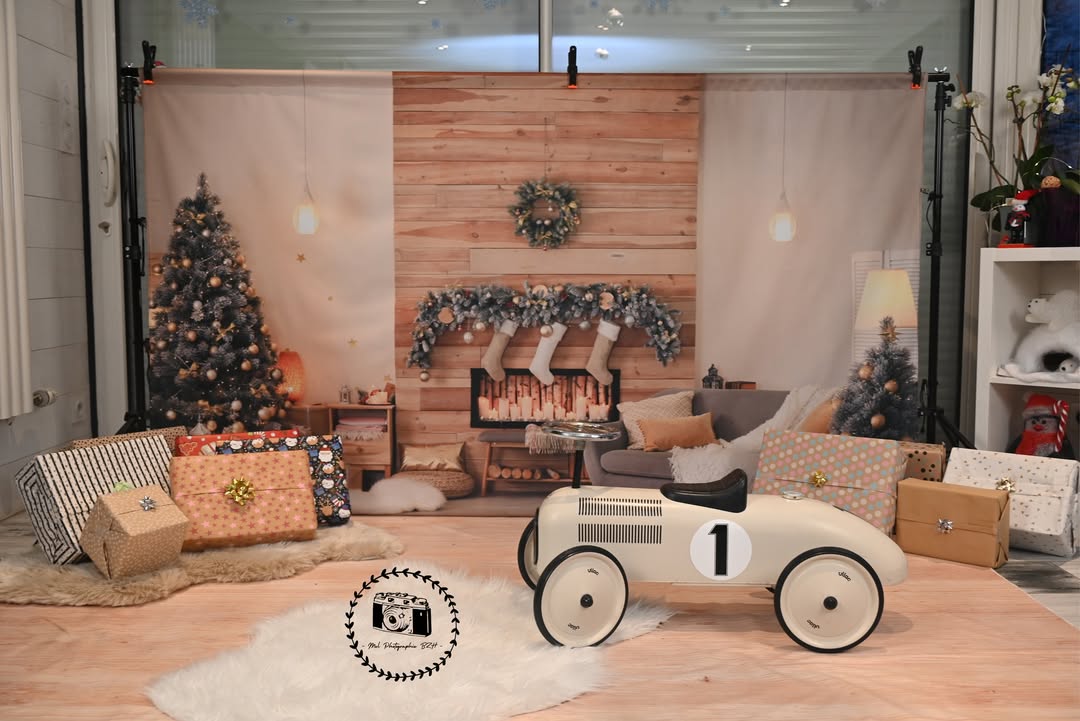 Christmas Tree Fireplace Room Interior Backdrop UK M6-140