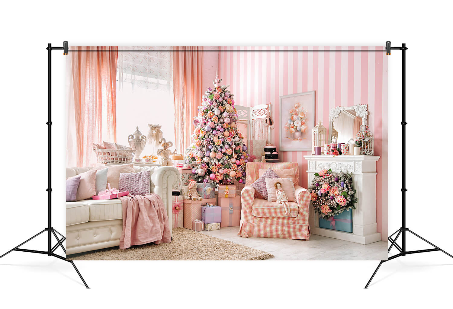 Pink Christmas Tree Fireplace Sofa Decor Backdrop UK M6-143