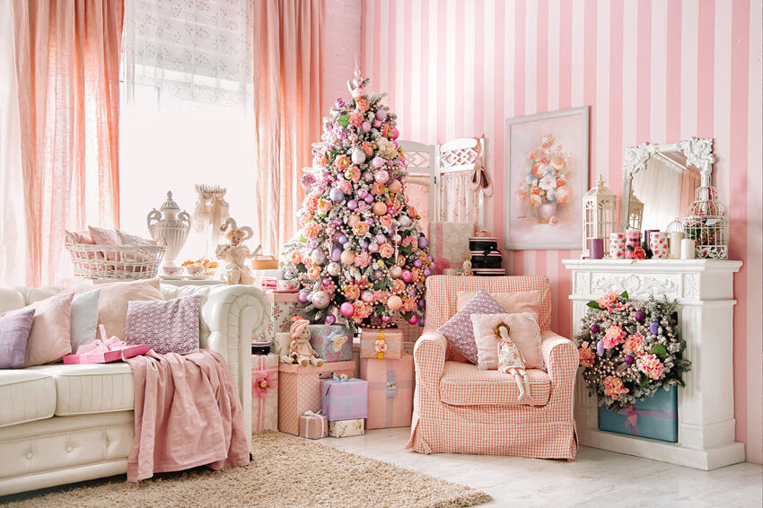 Pink Christmas Tree Fireplace Sofa Decor Backdrop UK M6-143